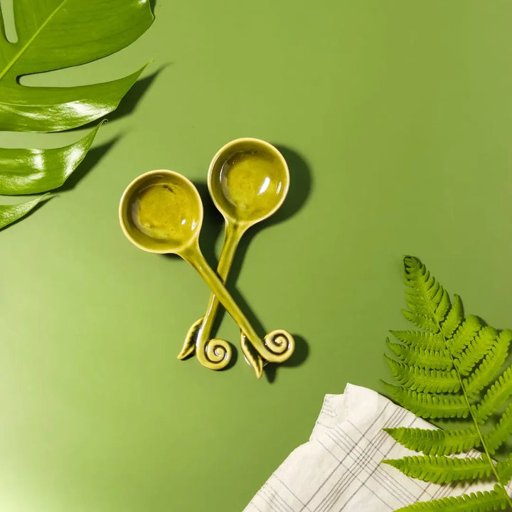 Ceramic Spoon Set - Green | Premium Art Ceramic Spoon Set of 2 - Olive Green