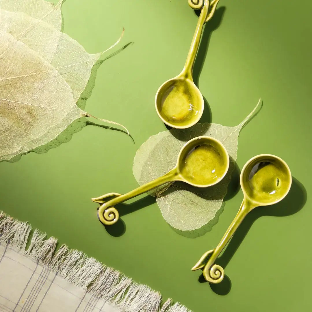 Ceramic Spoon Set - Green | Premium Art Ceramic Spoon Set of 2 - Olive Green