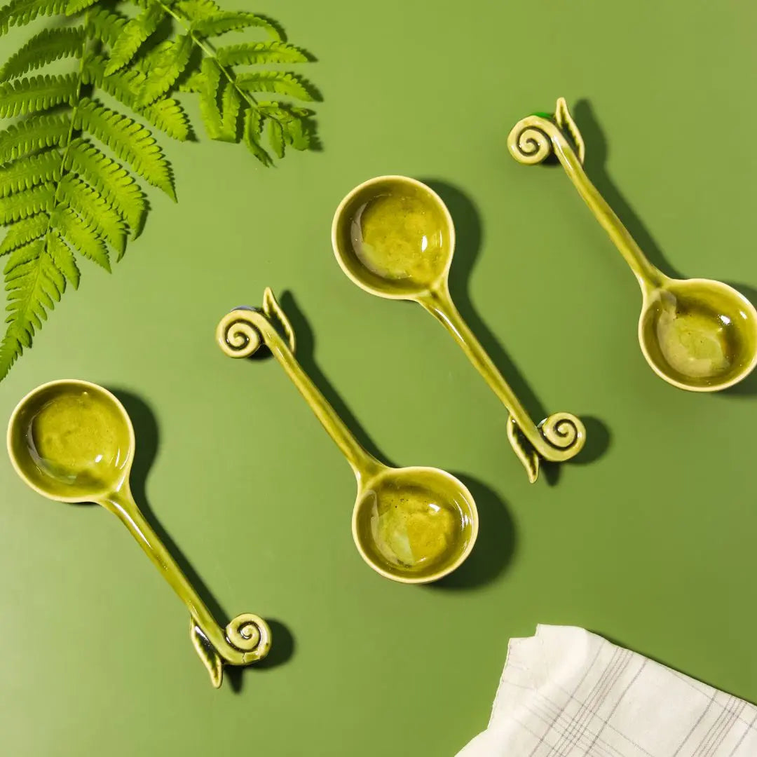 Ceramic Spoon Set - 4 Piece Olive Green | Premium Art Ceramic Spoon Set of 4 - Olive Green