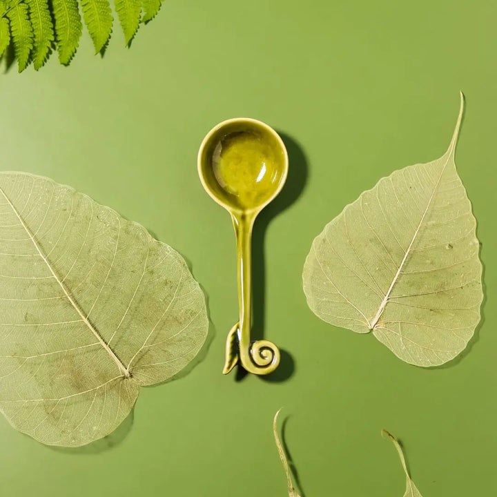 Ceramic Spoon Set - 6 Pieces, Green Color | Premium Art Ceramic Spoon Set of 6 - Olive Green