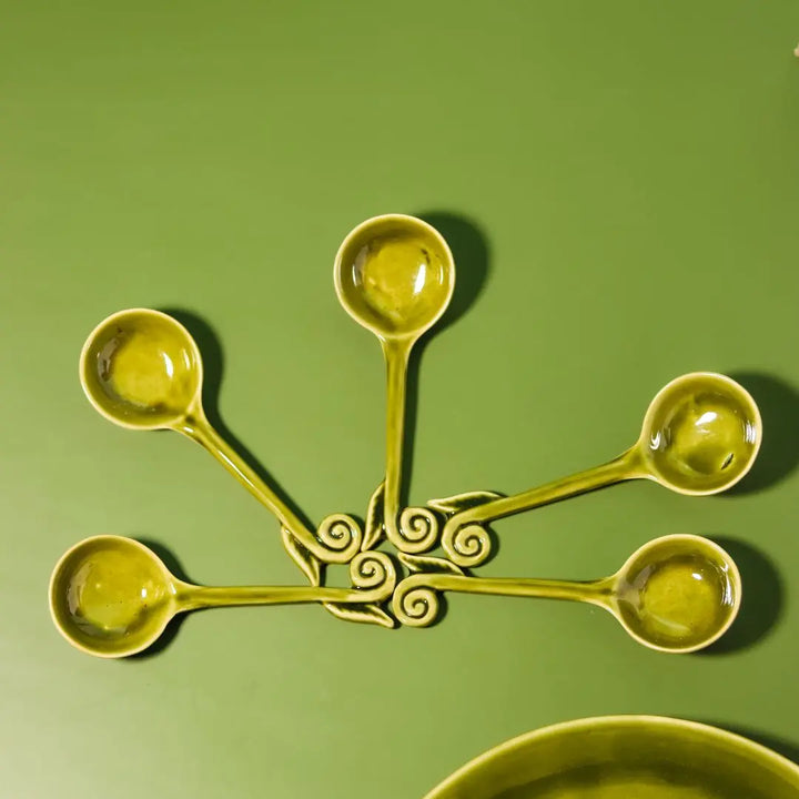 Ceramic Spoon Set - 6 Pieces, Green Color | Premium Art Ceramic Spoon Set of 6 - Olive Green