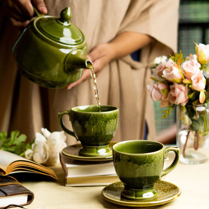 Tea Set - Ceramic, Olive Green | Premium Ceramic Tea Set - Olive Green