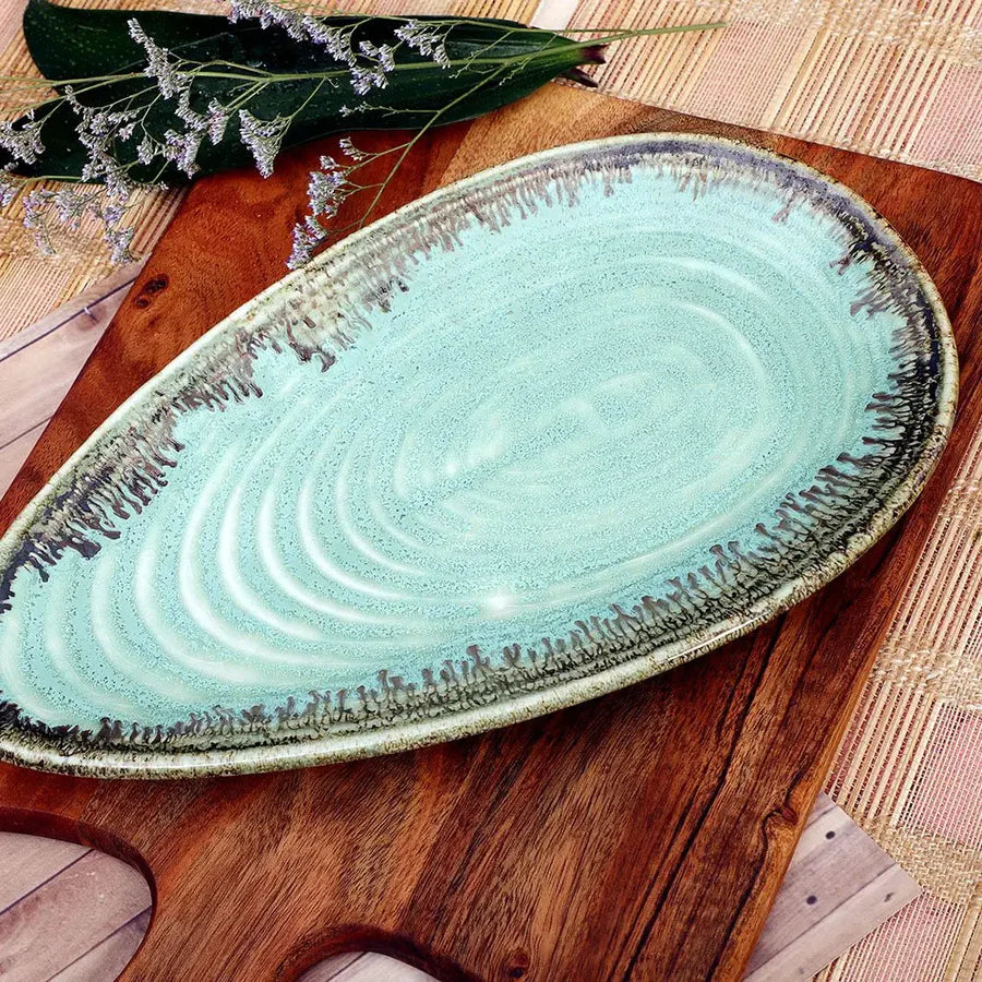Ceramic Leaf Design Serving Platter | Handmade Ceramic Oval Serving Platter Set - Light Green