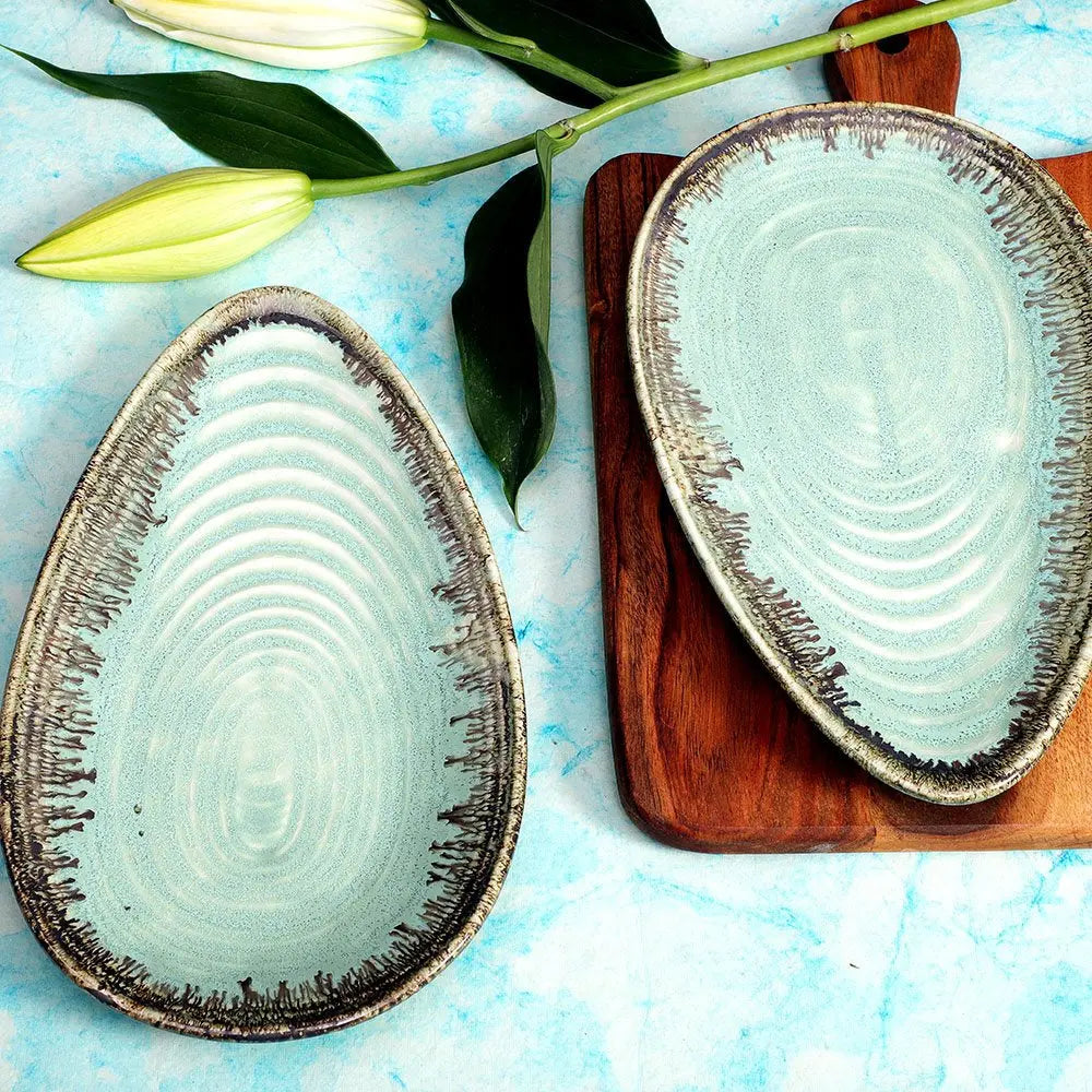 Ceramic Leaf Design Serving Platter | Handmade Ceramic Oval Serving Platter Set - Light Green