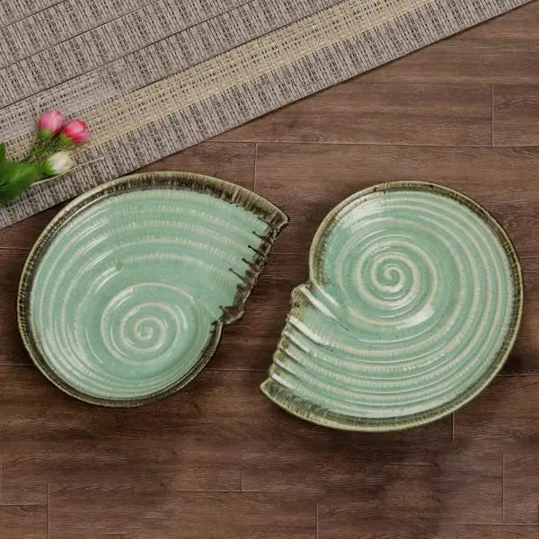Handmade Ceramic Seashell Platter Set | Artistic Ceramic Serving Shell Platter Set - Light Green