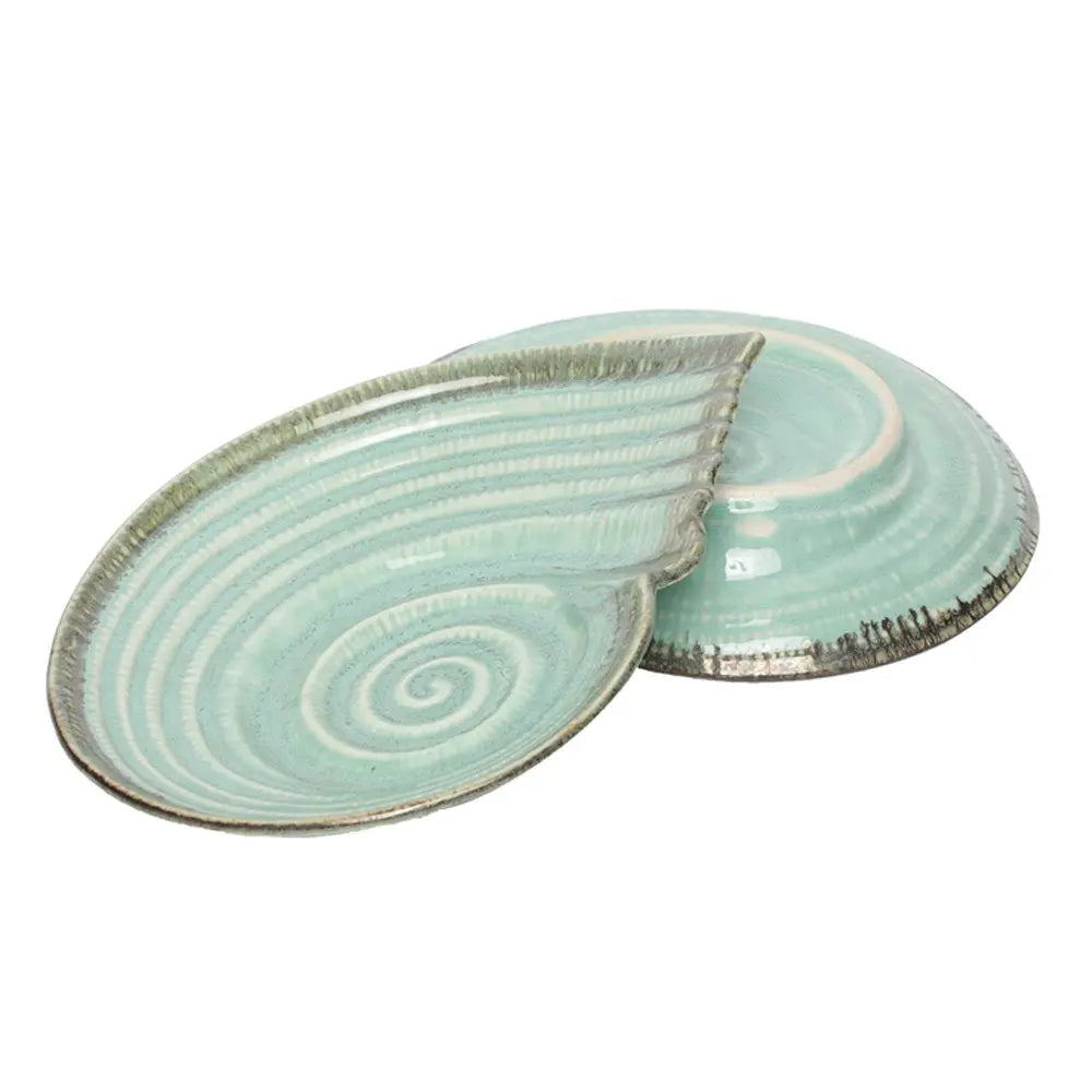 Handmade Ceramic Seashell Platter Set | Artistic Ceramic Serving Shell Platter Set - Light Green