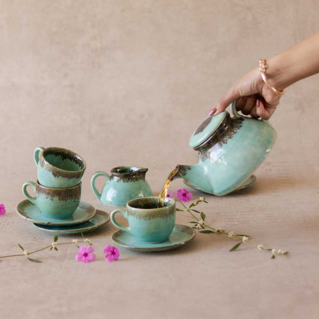 Handmade Ceramic Tea Set | Lavish Ceramic Tea Set of 15 Pieces - Pastel Green