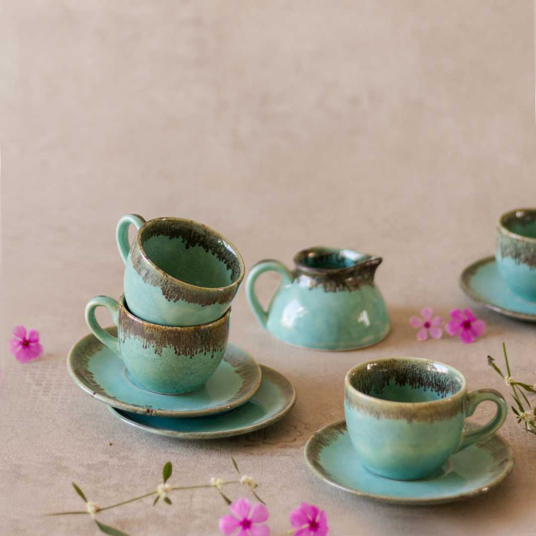 Handmade Ceramic Tea Set | Lavish Ceramic Tea Set of 15 Pieces - Pastel Green