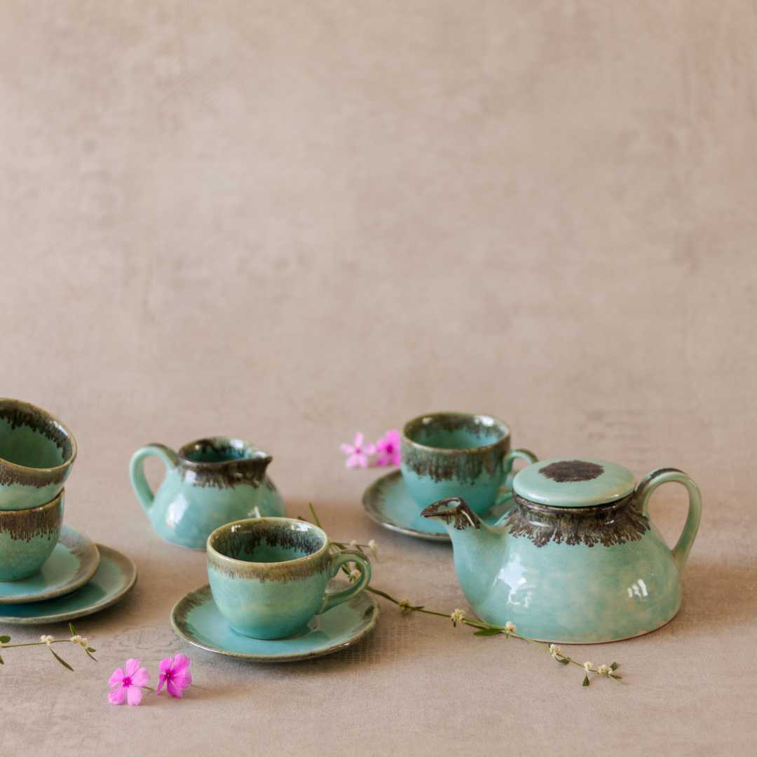 Handmade Ceramic Tea Set | Lavish Ceramic Tea Set of 15 Pieces - Pastel Green