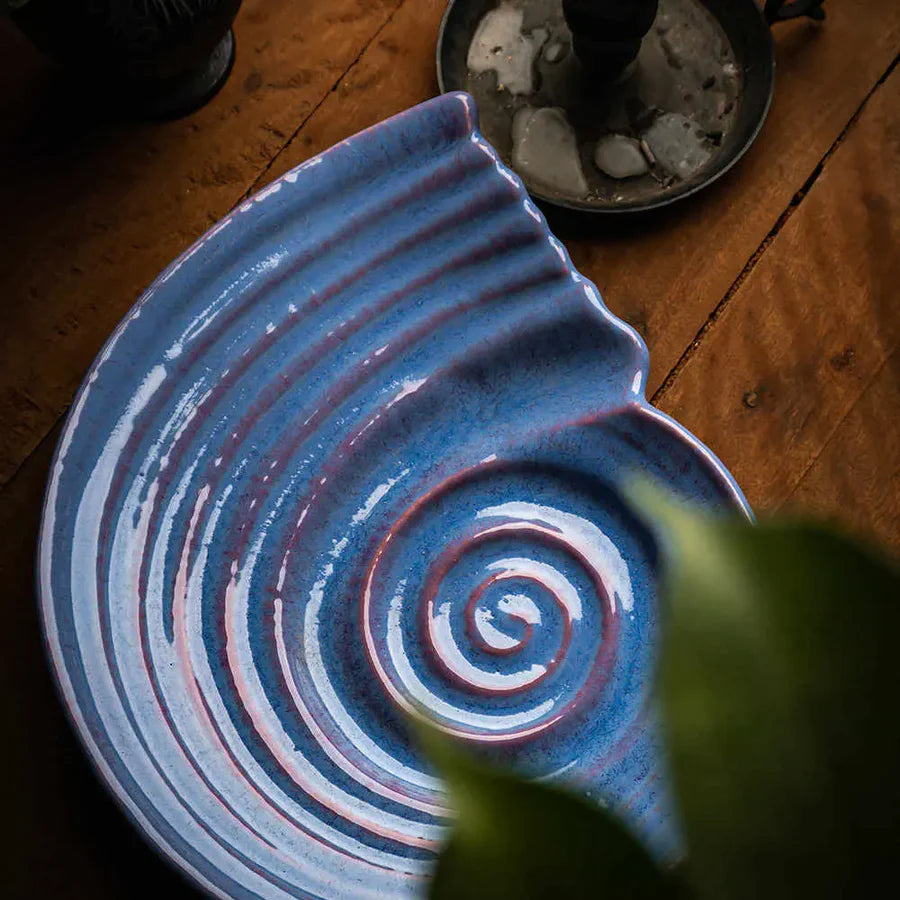 Ceramic Serving Platter: Dark Blue | Artistic Ceramic Serving Shell Platter - Dark Blue