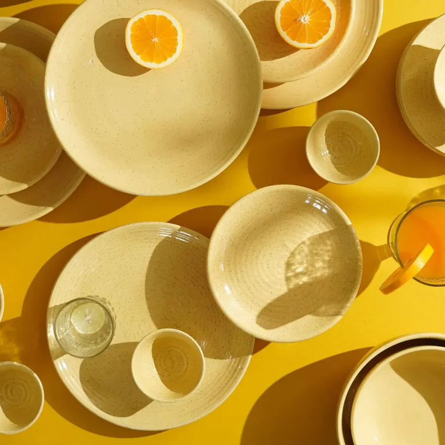 Ceramic Dinner Set - Beach Design, 4 Plates and 4 Bowls | Handmade Ceramic Dinner Set of 8 Pcs - Yellow