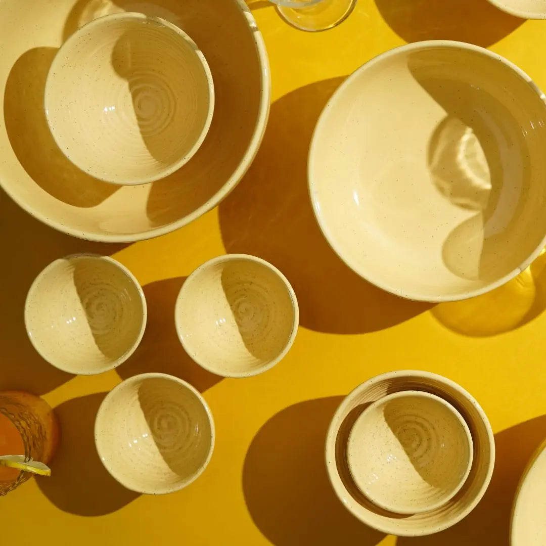 Ceramic Dinner Set - Beach Design, 4 Plates and 4 Bowls | Handmade Ceramic Dinner Set of 8 Pcs - Yellow