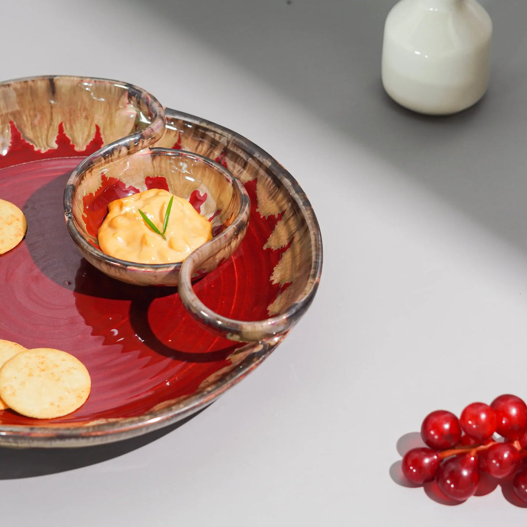 Red Ceramic Chip & Dip Platter: Dishwasher & Microwave Safe | Handmade Ceramic Chip & Dip Platter - Red