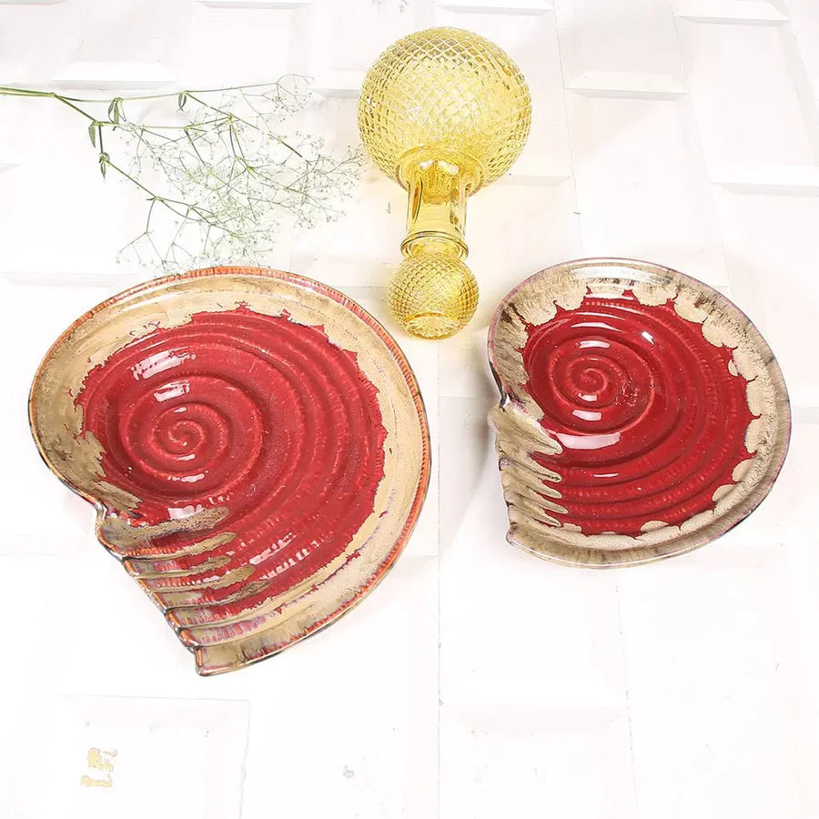 Ceramic Serving Platter Set | Artistic Ceramic Serving Shell Platter Set - Red