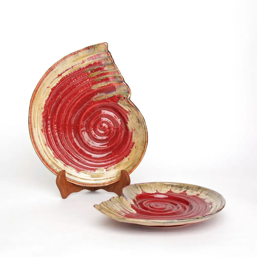 Ceramic Serving Platter Set | Artistic Ceramic Serving Shell Platter Set - Red