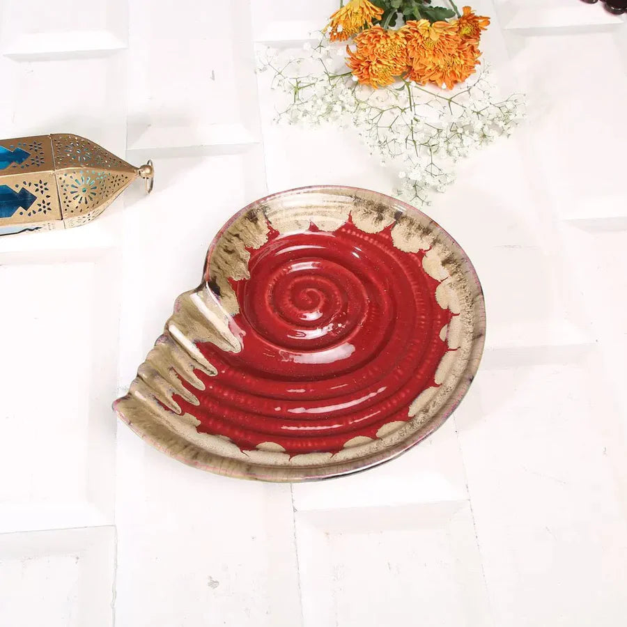 Handmade Ceramic Serving Platter Set | Artistic Ceramic Serving Shell Platter - Red