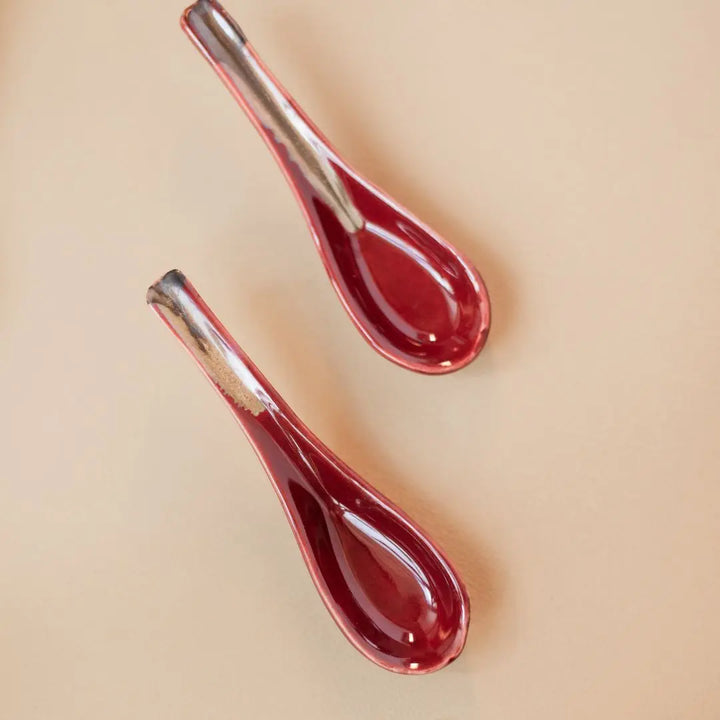 Ceramic Spoon Set - Red (Pack of 2) | Exquisite Ceramic Spoon Set of 2 - Royal Red