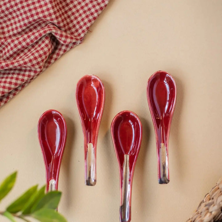 4-Piece Ceramic Spoon Set - Red | Exquisite Ceramic Spoon Set of 4 - Royal Red