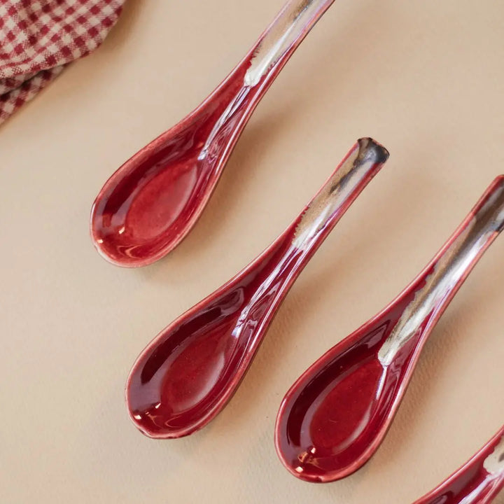 4-Piece Ceramic Spoon Set - Red | Exquisite Ceramic Spoon Set of 4 - Royal Red
