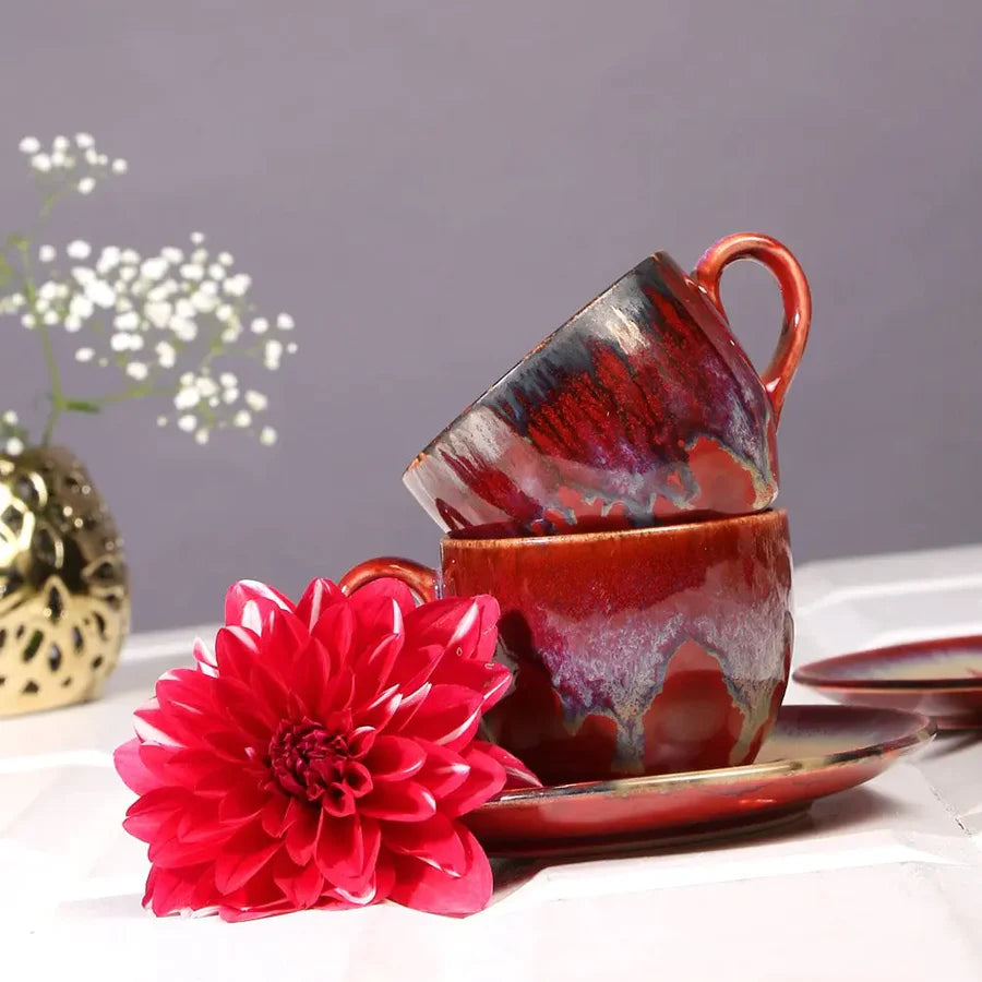 Red Ceramic Tea Cups & Saucers | Ceramic Tea Cups and Saucers - Sparkling Red