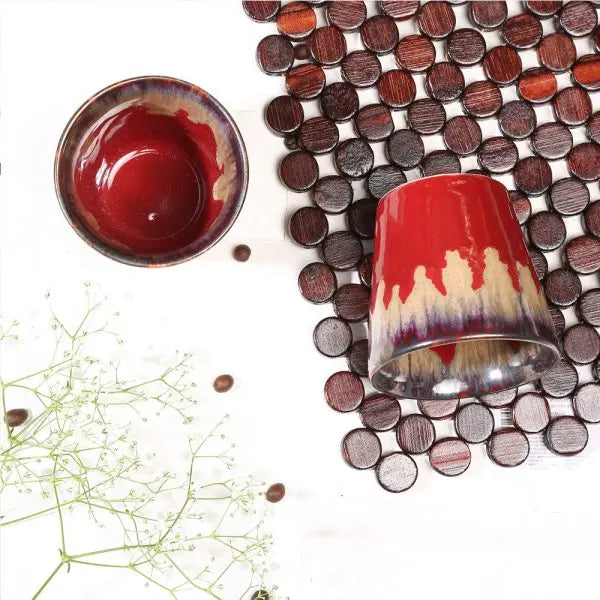 Set of 6 Handmade Ceramic Drinking Glasses - Red Glossy Finish | Handmade Ceramic Drinking Glass Set of 6 - Glossy Red