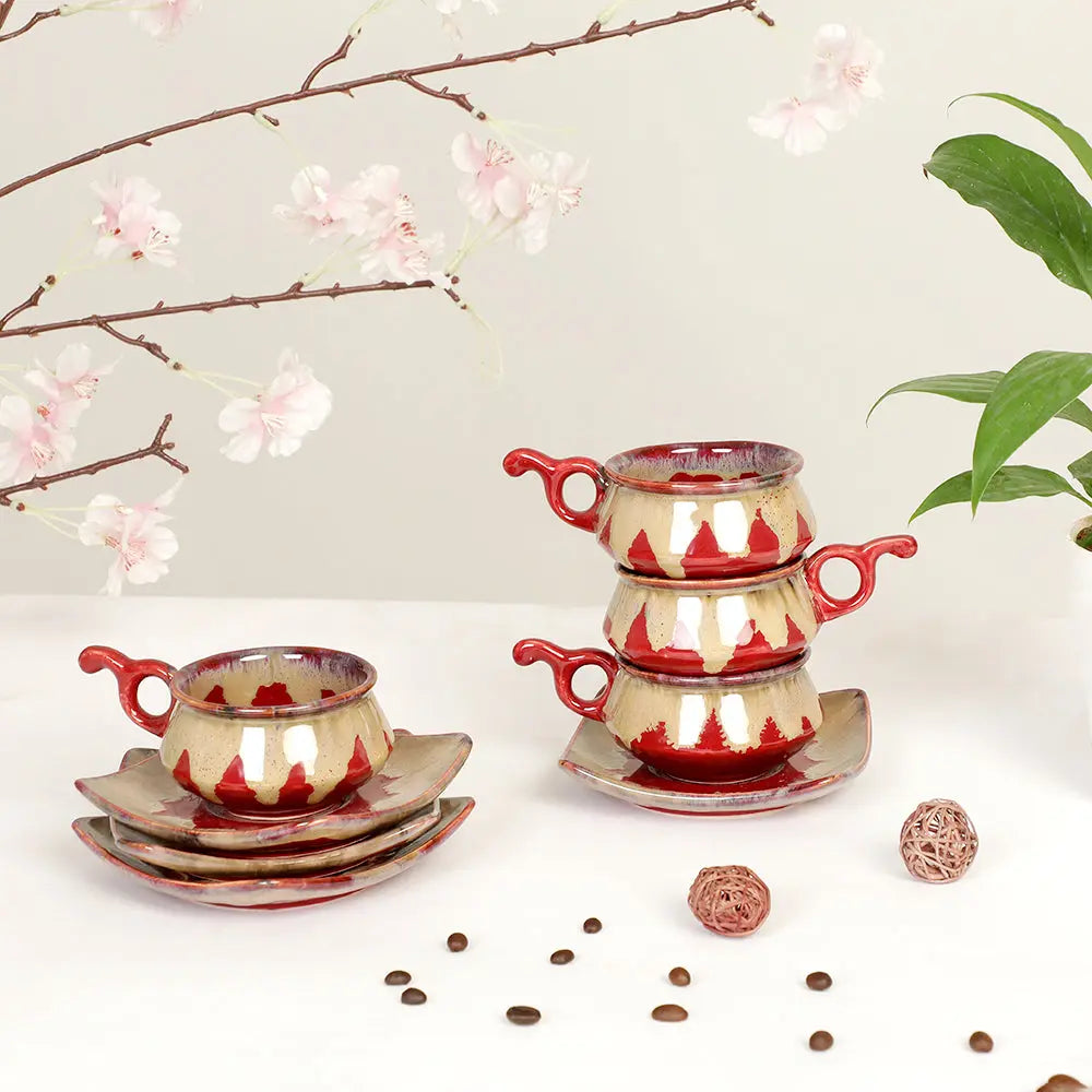 Ceramic Cup & Saucer | Red and Beige Ceramic cup and saucer