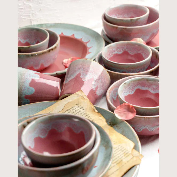 Floral Ceramic Dinner Set | Handmade Ceramic Dinner Set of 8 Pcs (for 2) - Pastel Pink & Blue