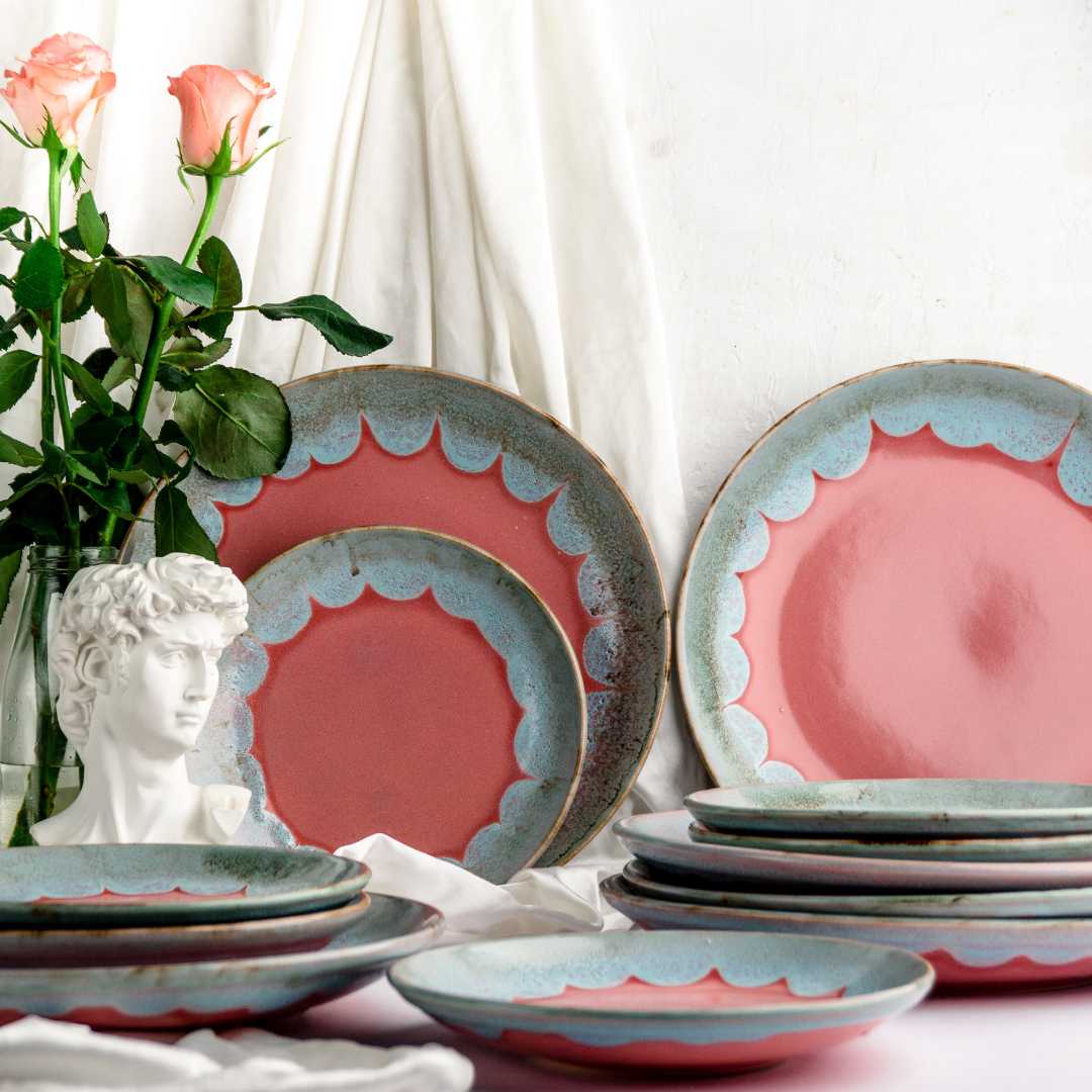 Floral Ceramic Dinner Set | Handmade Ceramic Dinner Set of 8 Pcs (for 2) - Pastel Pink & Blue
