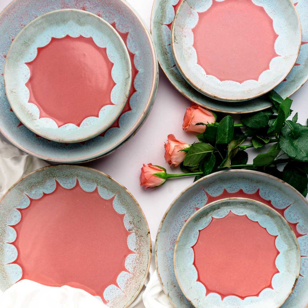 Ceramic Lily Dinner Set | Handmade Ceramic Dinner Set of 8 Pcs (for 4) - Pastel Pink & Blue