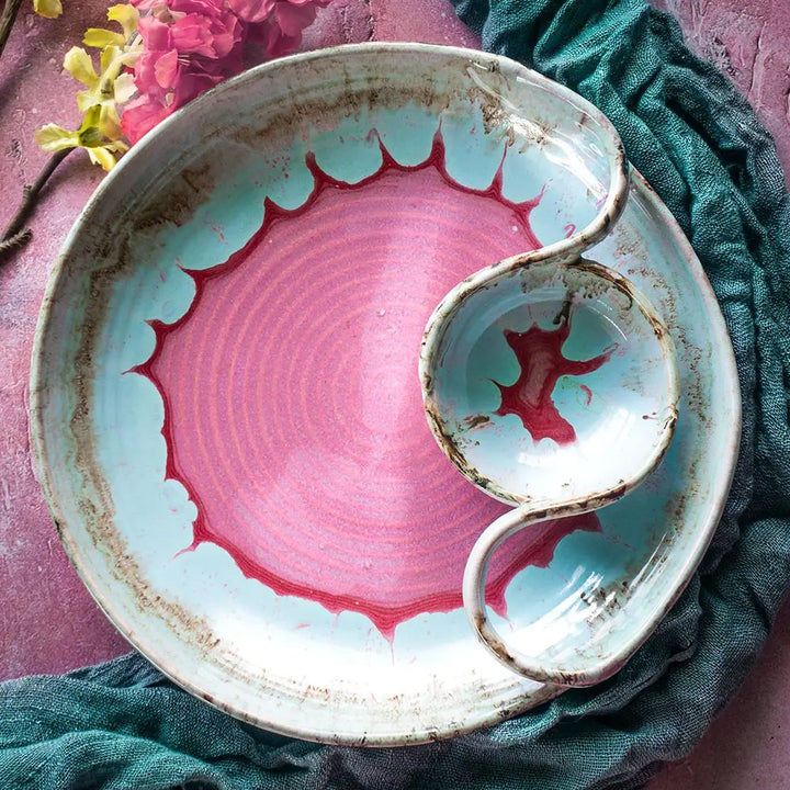 Handmade Ceramic Chip & Dip Platter | Handmade Ceramic Chip & Dip Serving Platter - Deep Pink