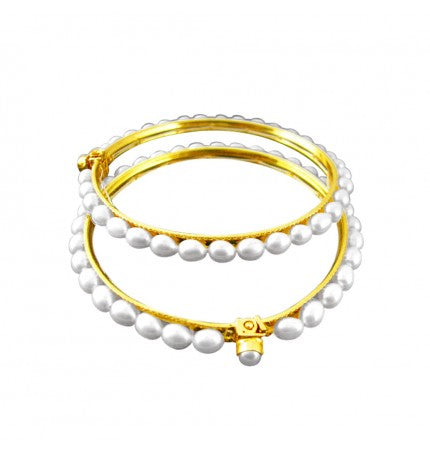 White Oval Pearl Bangles - 6-6.5 Inches, Clip-on Closure | Timeless Oval Pearl Bangles