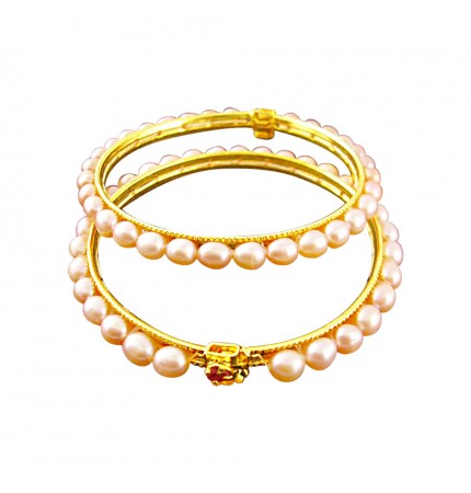 Pink Freshwater Pearl Bangles - 6-6.5 Inches, Clip-on Closure | Peach Blossom Oval Pearl Bangles