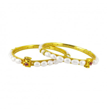 White Pearl Bangles with CZ - Clip-on Closure - 6-6.5 inches | Opulent Oval Pearl Bangles