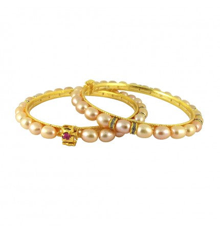 Peach Elegance Bangles with CZ and Pearls - 6-6.5 Inches | Peach CZ Oval Elegance Bangles