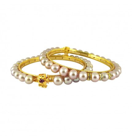 Pink CZ Harmony Bangles with Button Pearls and CZ | Pink CZ Harmony Bangles