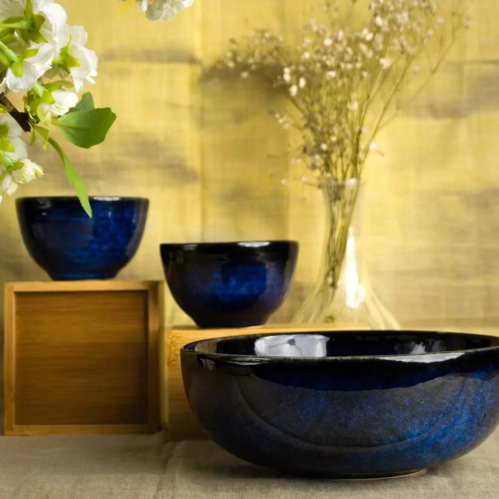 Handmade Ceramic Bowl Set: Blue & Black | Handmade Ceramic Big Bowl Set of 3 - Blue & Black