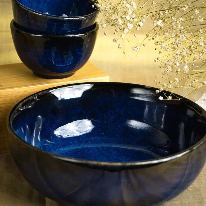 Handmade Ceramic Bowl Set: Blue & Black | Handmade Ceramic Big Bowl Set of 3 - Blue & Black
