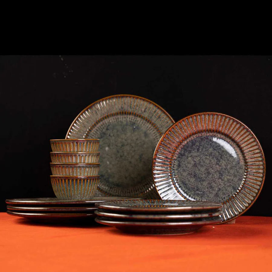 Lead-Free Ceramic Dinner Set | Handmade Ceramic Dinner Set of 12 Pcs - Brown