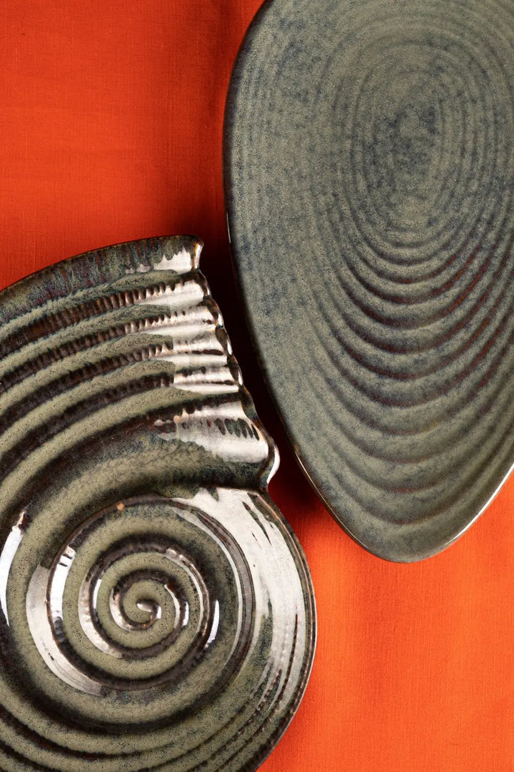 Lead-Free Handmade Ceramic Serving Platter | Artistic Ceramic Serving Shell Platter - Dark Olive Green