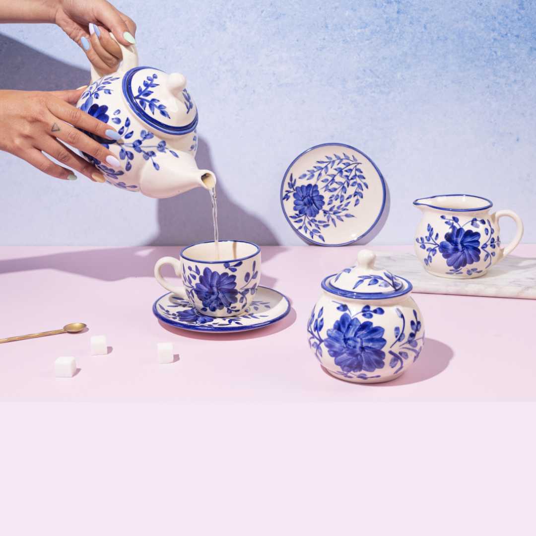 Blue Floral Ceramic Tea Set | Premium 11pc Ceramic Tea Set - Himalayan Blue