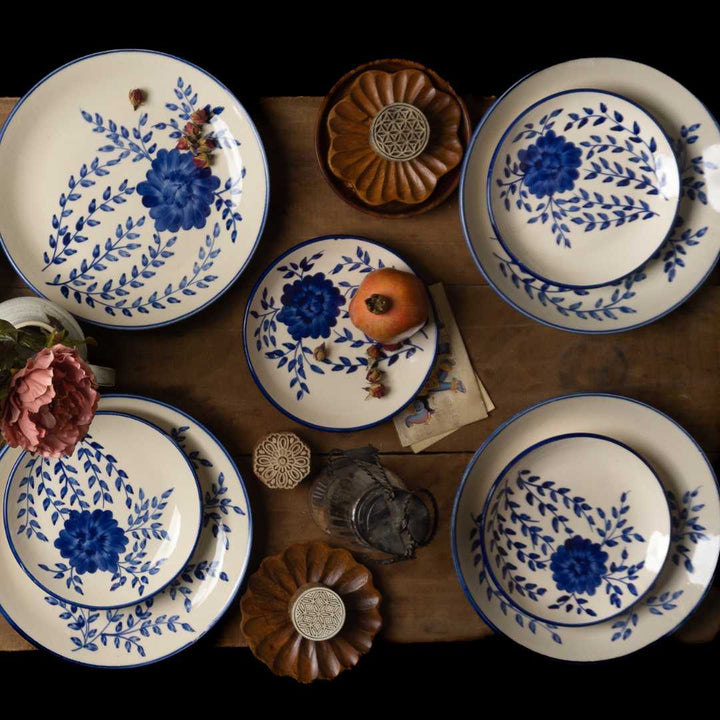 Blue Floral Ceramic Dinner Set | Handmade Ceramic Dinner Set of 12 Pcs - Blue & White