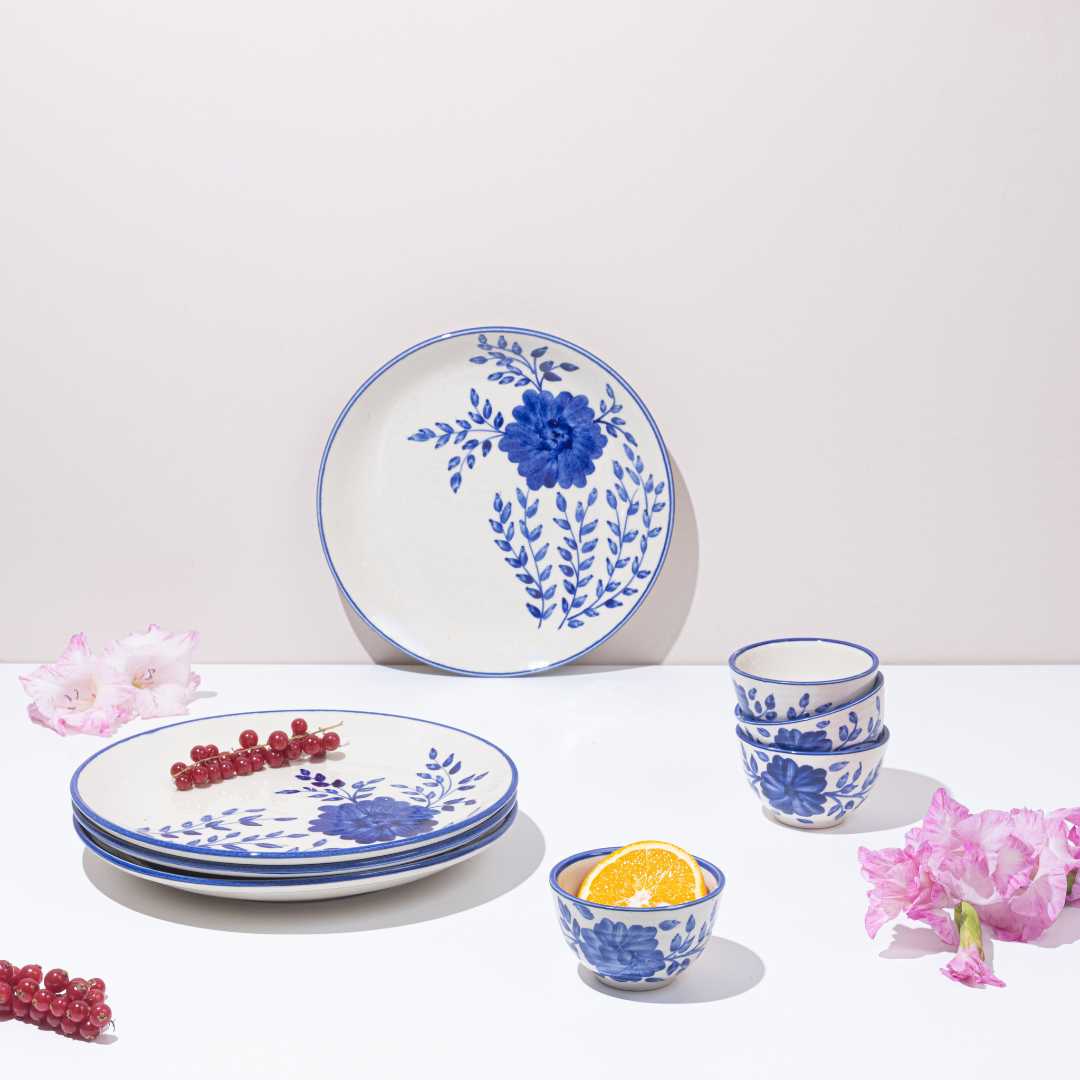 Blue Floral Ceramic Dinner Set | Handmade Ceramic Dinner Set of 12 Pcs - Blue & White
