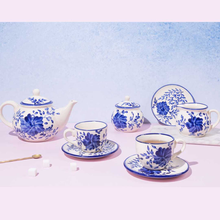 Blue Floral Ceramic Tea Set | Premium 15pc Ceramic Tea Set - Himalayan Blue