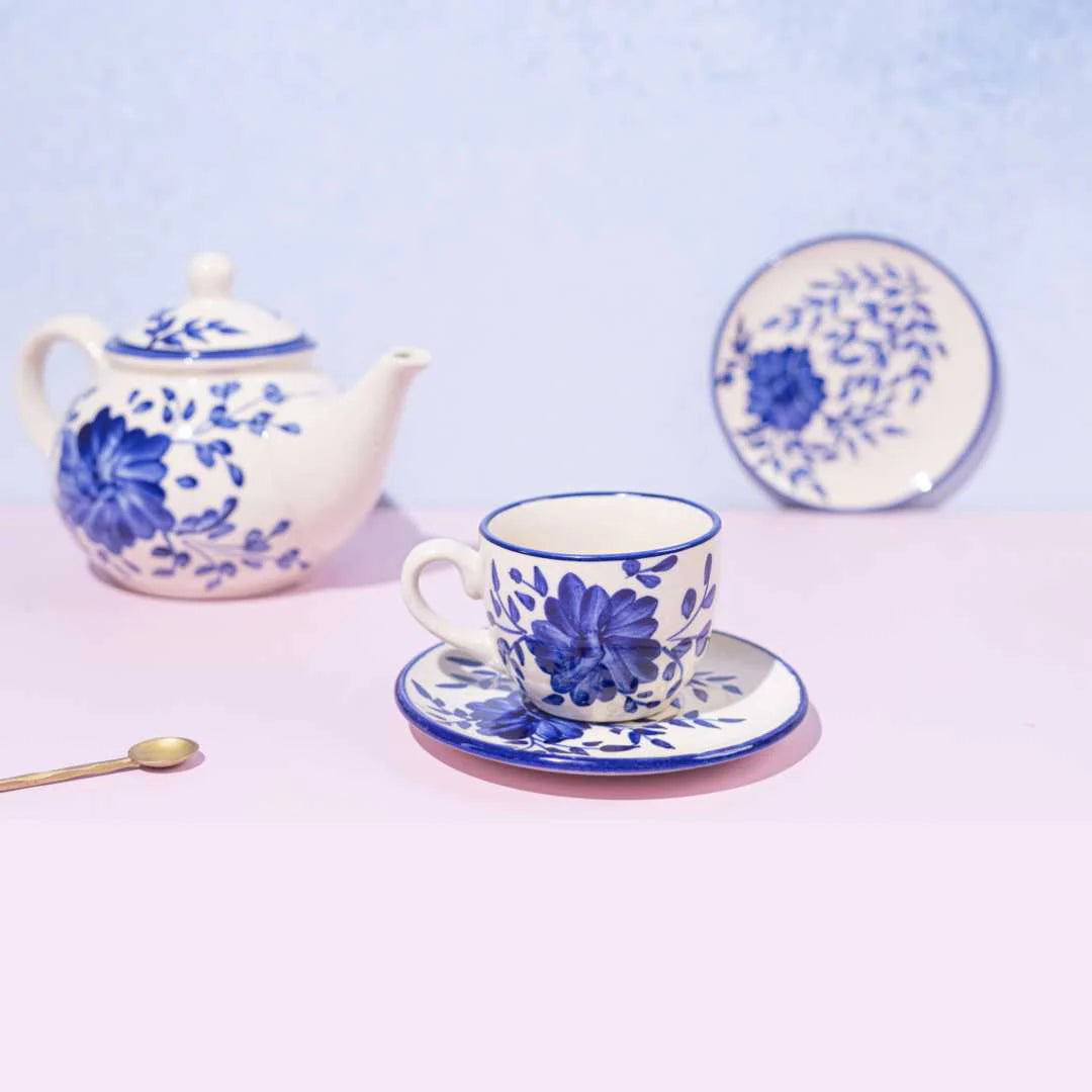 Blue Floral Ceramic Tea Set | Premium 15pc Ceramic Tea Set - Himalayan Blue
