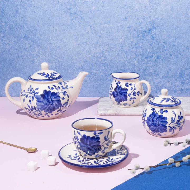 Blue Floral Ceramic Tea Set | Premium 15pc Ceramic Tea Set - Himalayan Blue