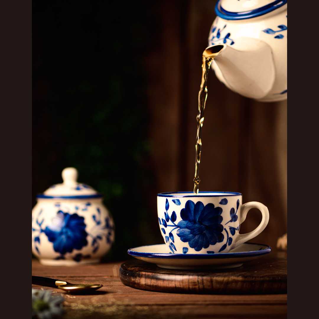 Blue Floral Ceramic Tea Set | Premium 15pc Ceramic Tea Set - Himalayan Blue