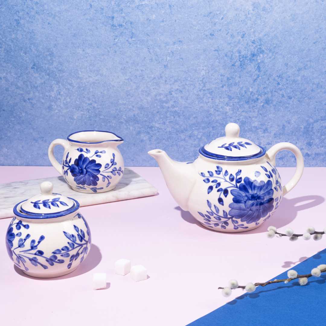 Blue Floral Ceramic Tea Set | Premium 15pc Ceramic Tea Set - Himalayan Blue