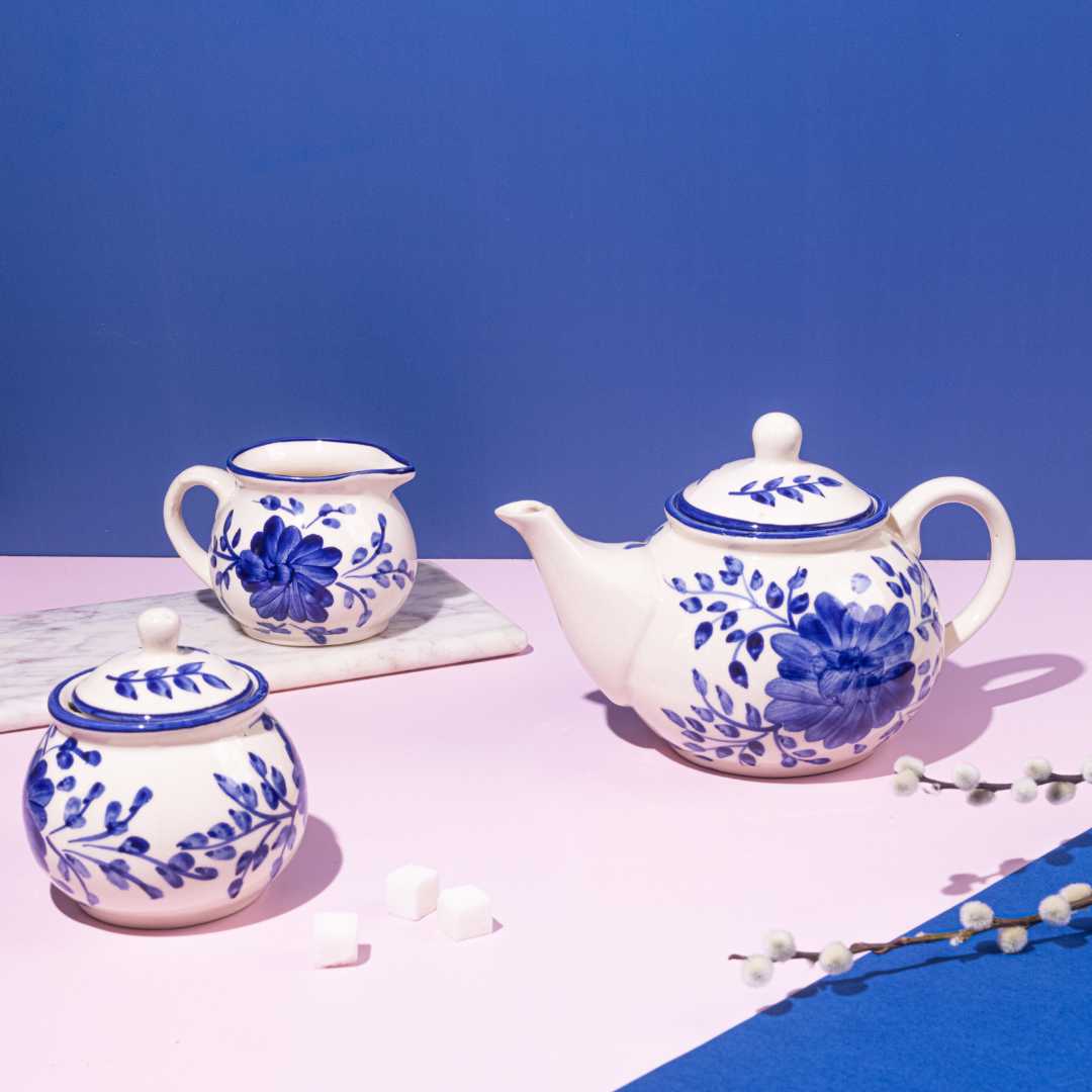 Blue Floral Ceramic Tea Set | Premium 3pc Ceramic Tea Set - Himalayan Blue