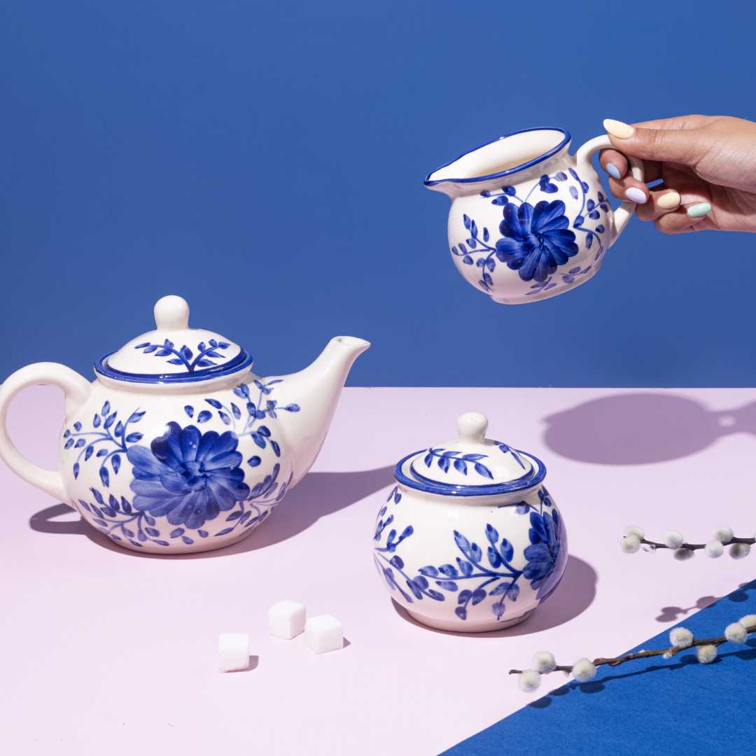 Blue Floral Ceramic Tea Set | Premium 7pc Ceramic Tea Set - Himalayan Blue
