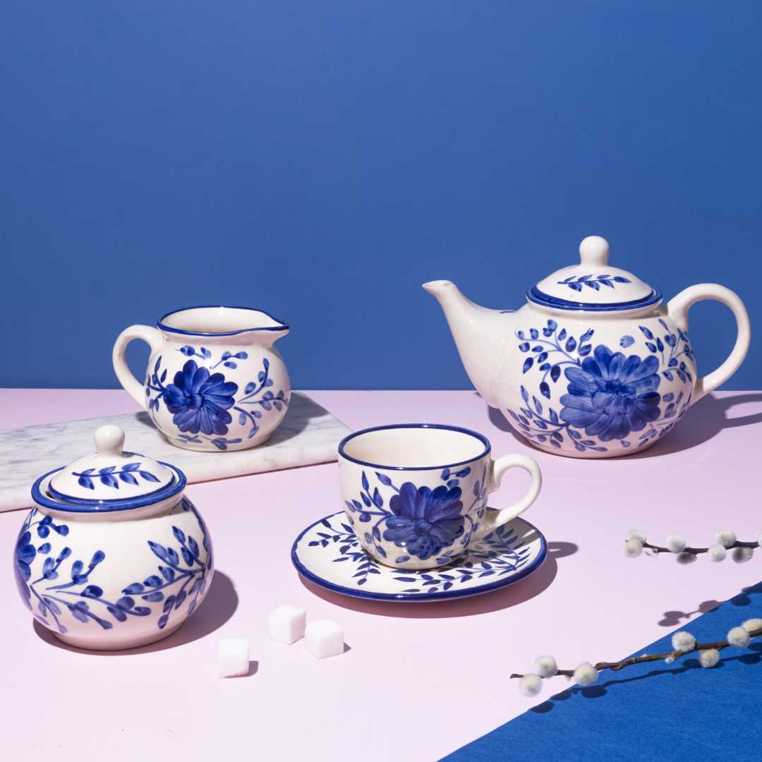 Blue Floral Ceramic Tea Set | Premium 7pc Ceramic Tea Set - Himalayan Blue